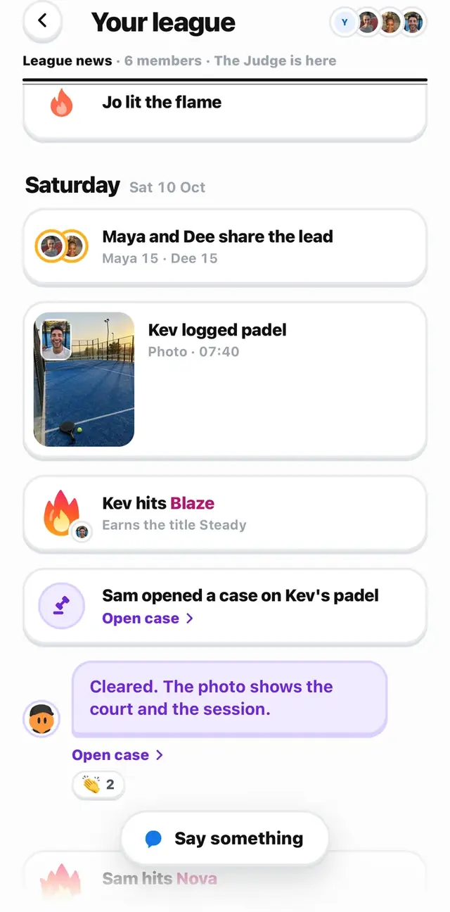 League news: Sam opened a case on Kev's padel. The Judge: Cleared. The photo shows the court and the session.