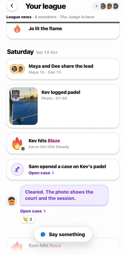 A case in the league news: Sam opened a case on Kev's padel, and the Judge cleared it.