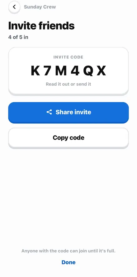 Invite friends: 4 of 5 in, the code K7M4QX, Share invite and Copy code.