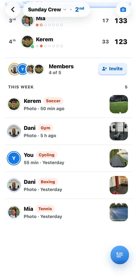 The league page: members, and this week's workouts with their photos.