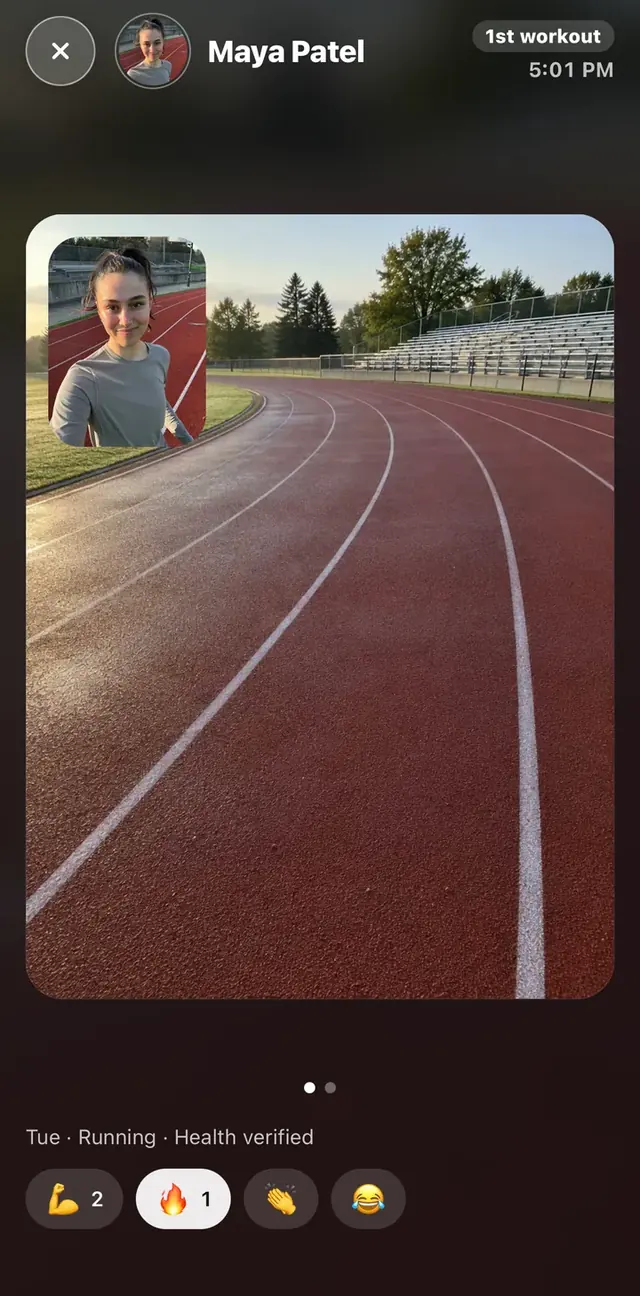 A friend's proof in Vetta's viewer: Maya's track photo with her selfie in the corner.