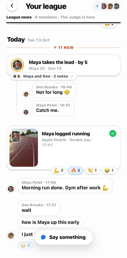 League news today: Maya takes the lead by 5, and Maya's run with reactions.
