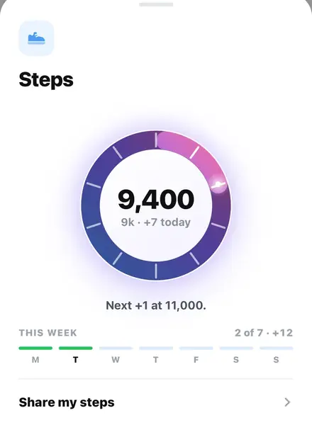 Steps from Apple Health: 9,400 today, next +1 at 11,000.