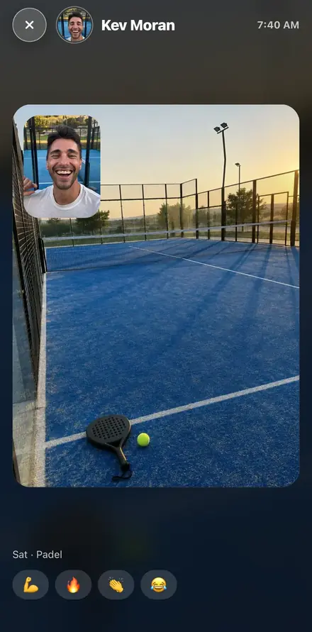 Kev's padel proof opened: the court, with his selfie in the corner.